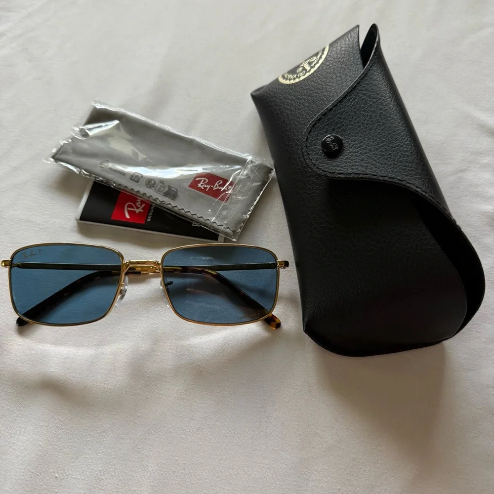 NEW RB3717 Ray-Ban Gold Frame Sunglasses with Blue Lenses - Picture 10 of 11